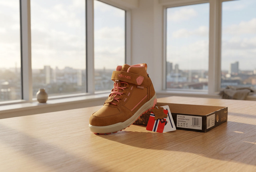 TROLLKIDS Gryllefjord Mid Cut Kinder-Schuhe – Caramel/Salmon – Gr. 28