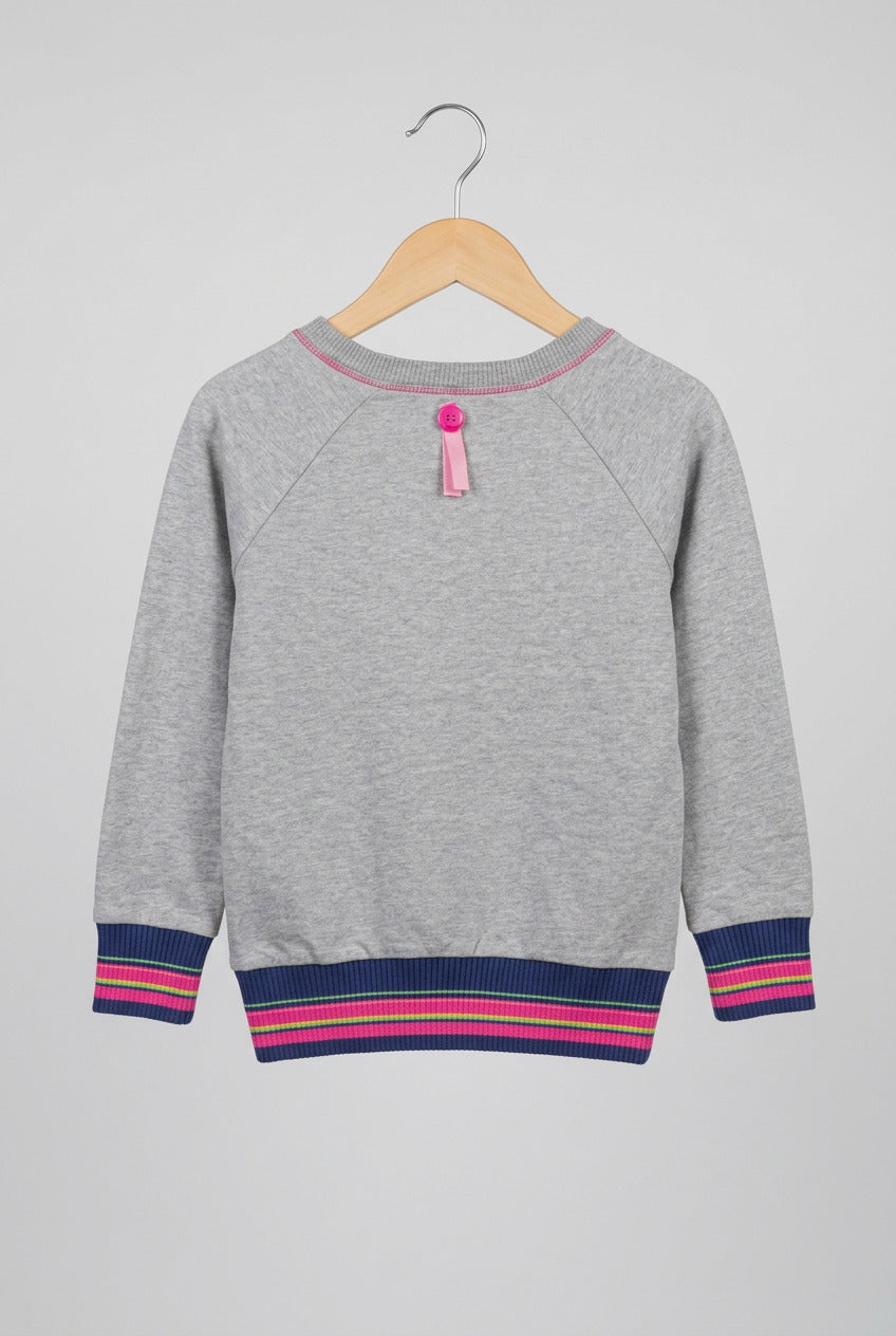 MIM-PI Mädchen Sweatshirt Gr. 110 – Grau mit Katzenmotiv & bunten Bündchen – 95 % Baumwolle
